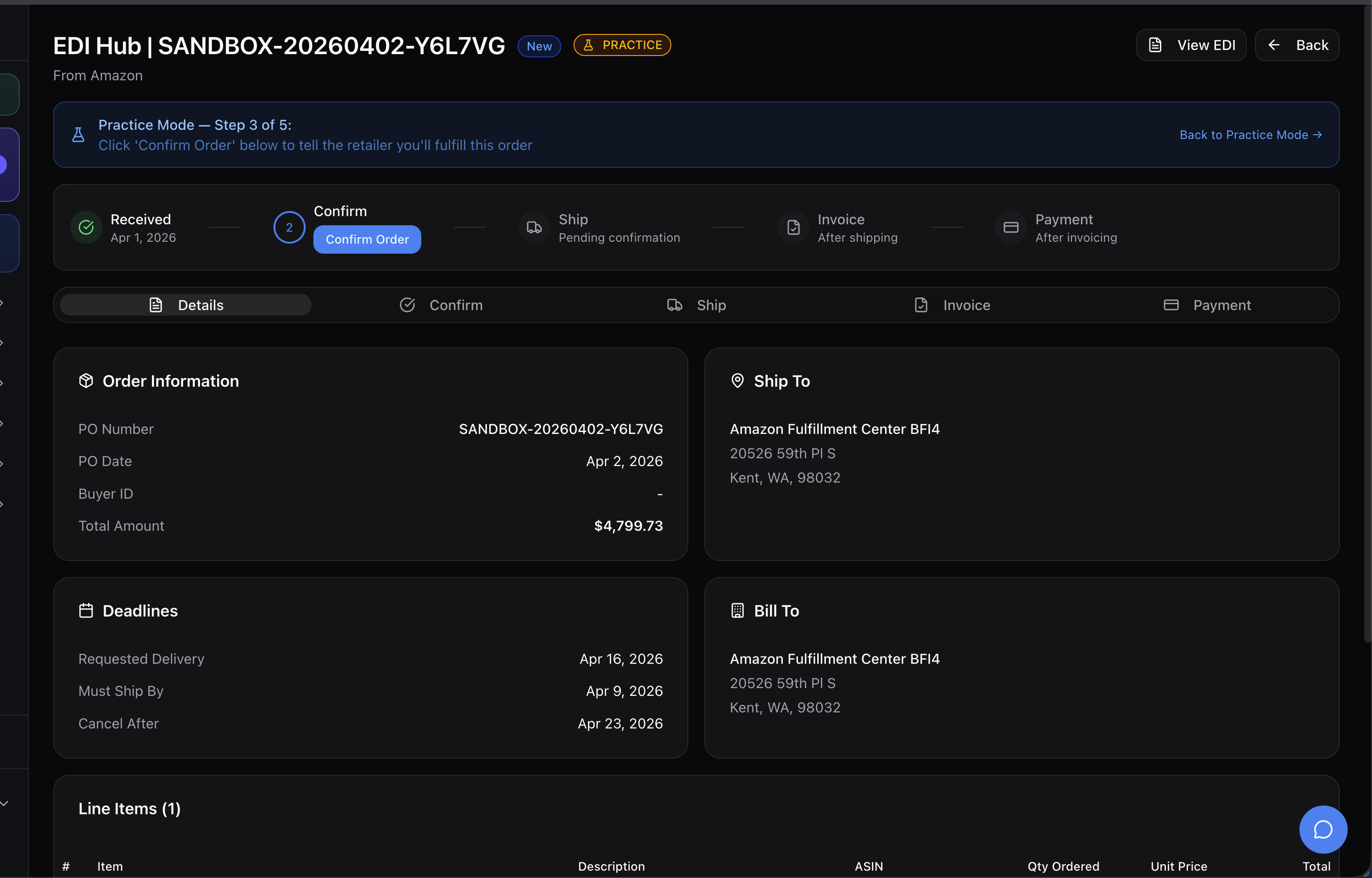 Purchase order detail view showing order information, deadlines, and shipping details