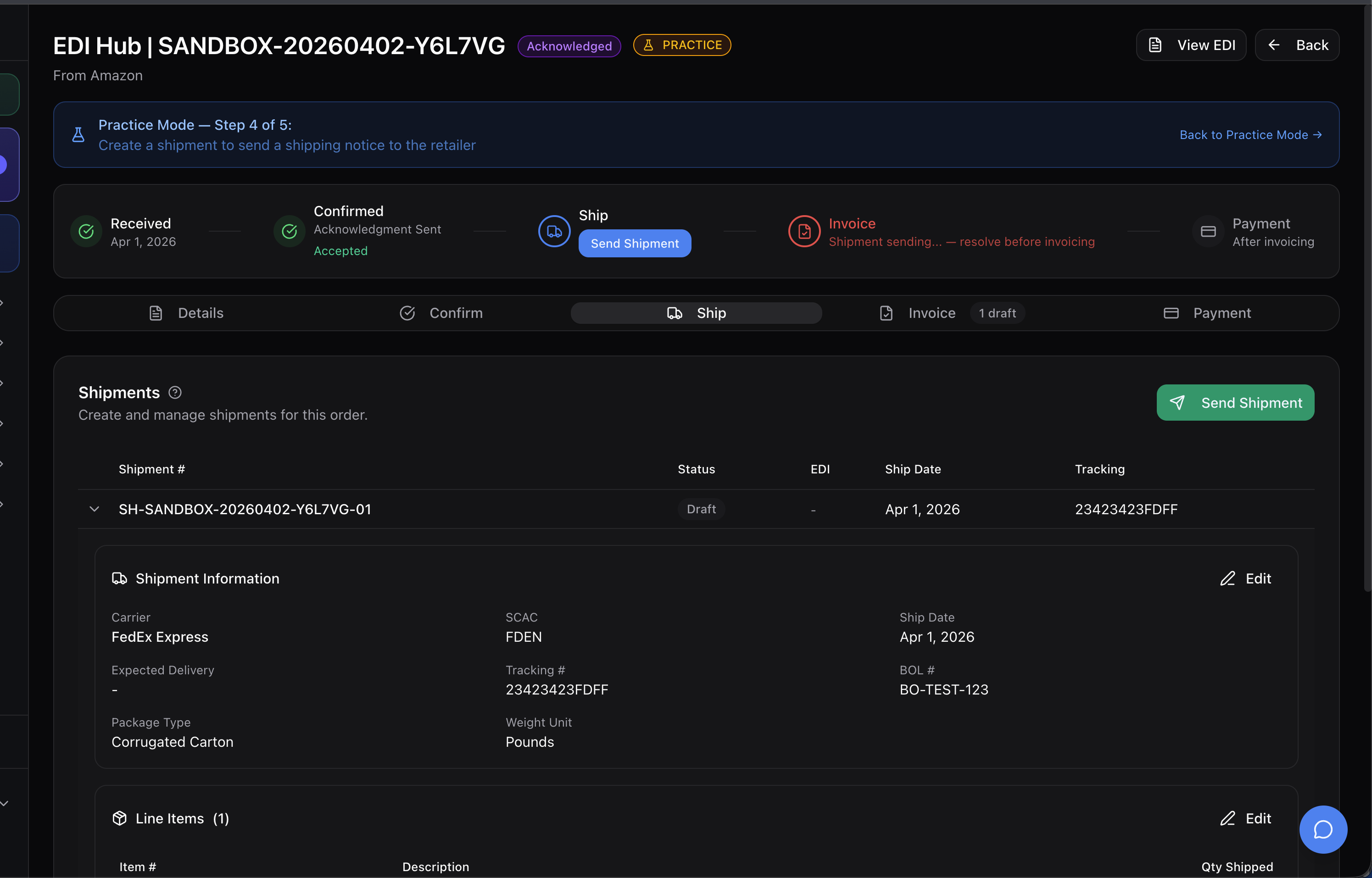 Ship tab showing shipment details, carrier information, and carton contents